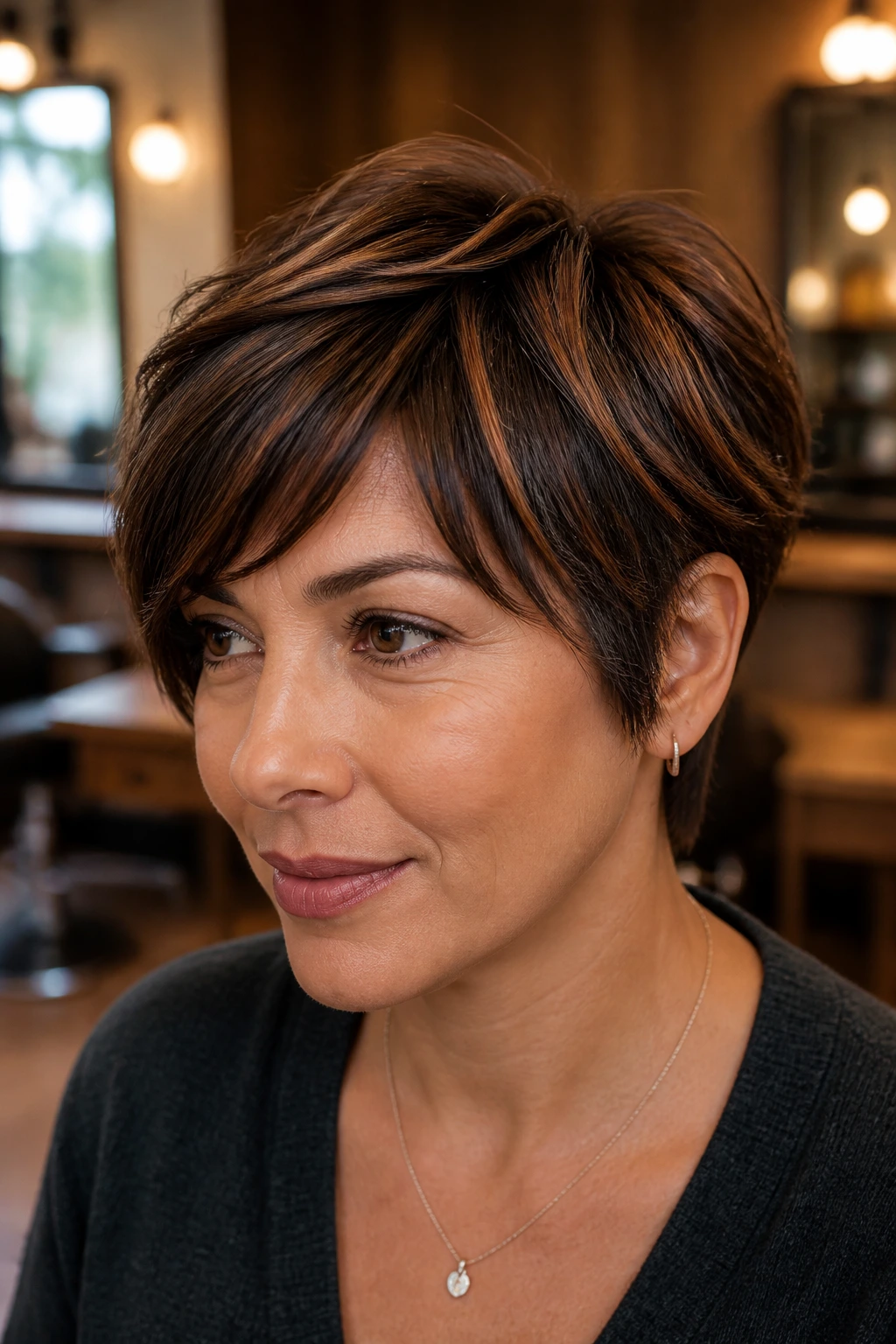 Close-up portrait of a real person with coffee bean brown hair and copper threads in a warm salon setting
