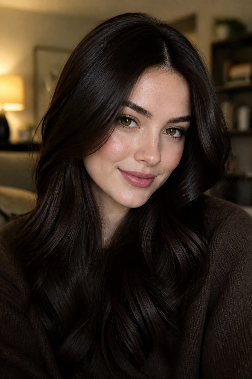 Close-up of a real woman with Coffee Bean Brunette hair in warm living room light