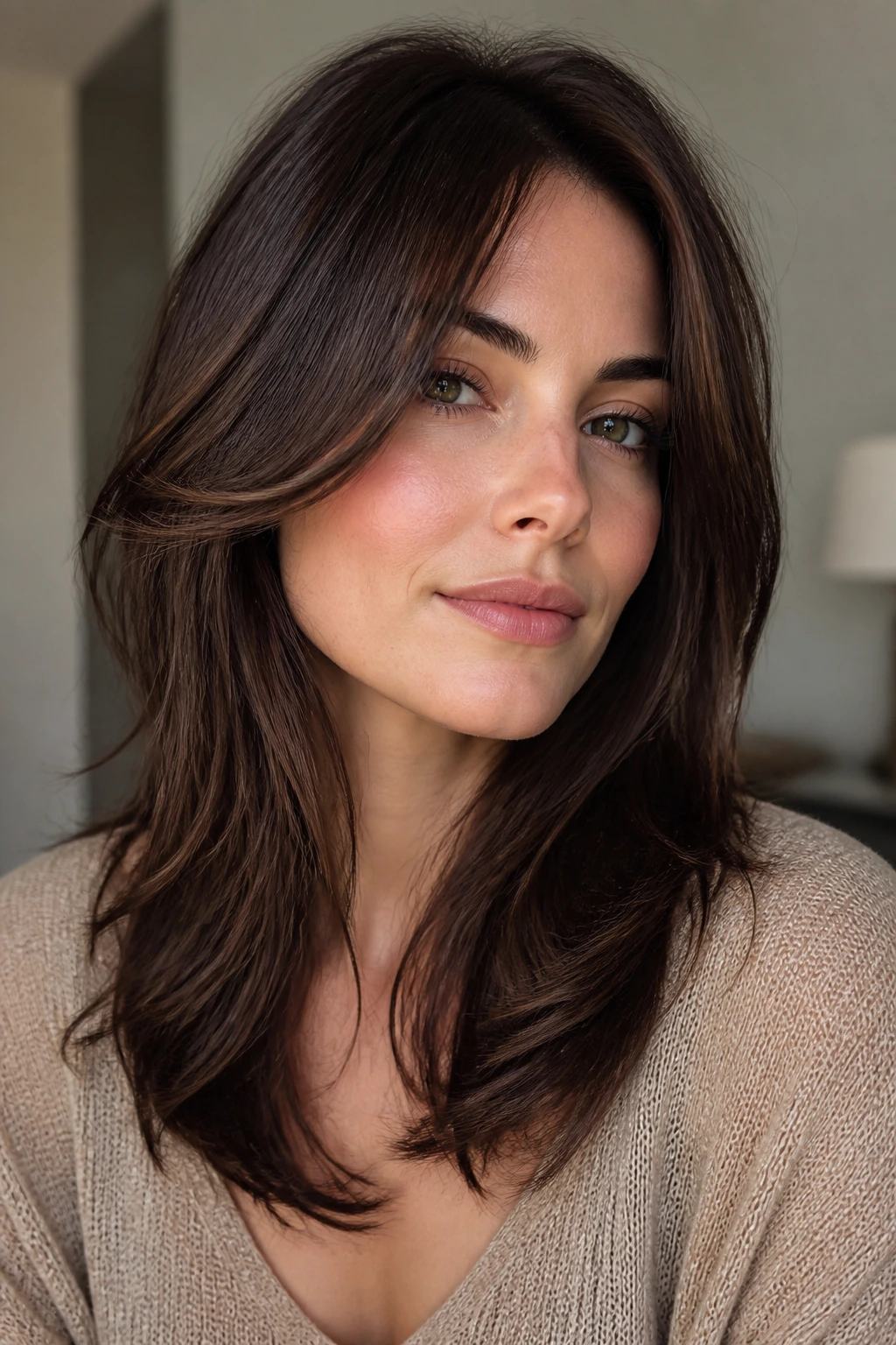 Real woman with coffee bean brunette and midlength layers
