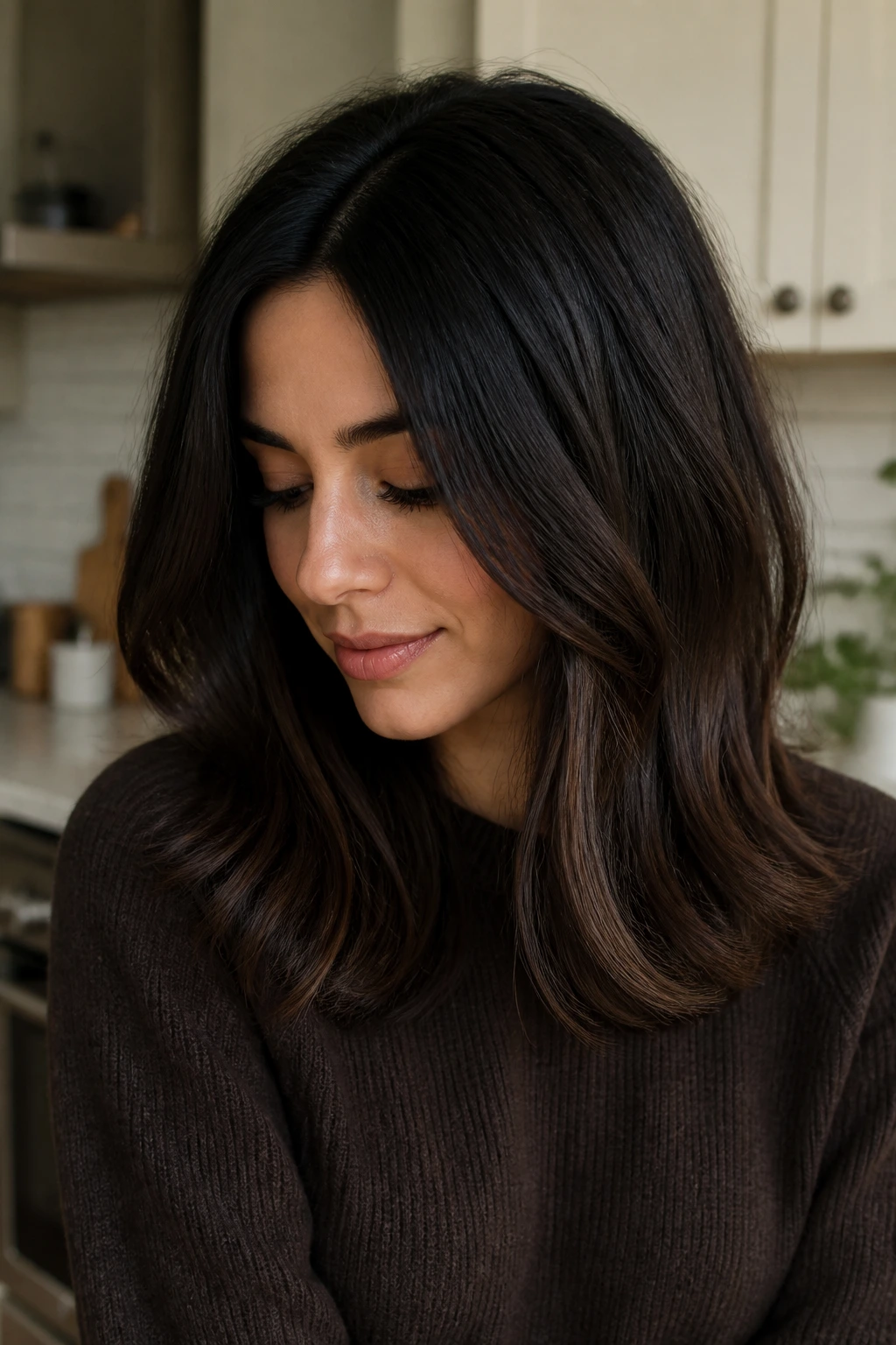 Close-up of real woman with Coffee Bean Dimension dark brunette with subtle dimension