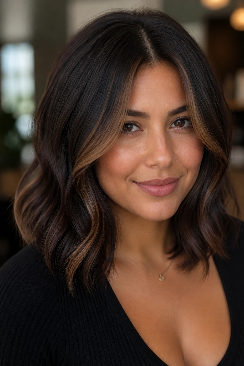 Close-up portrait showing coffee bean face-frame highlights around the face on real hair