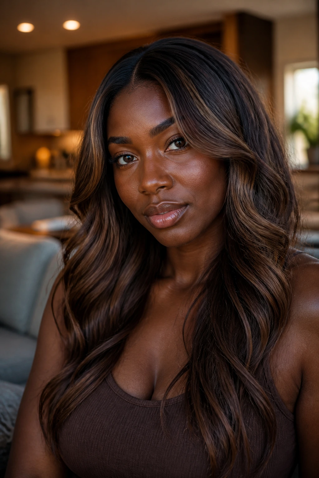 Close-up portrait of a real woman with coffee bean lowlights in hair