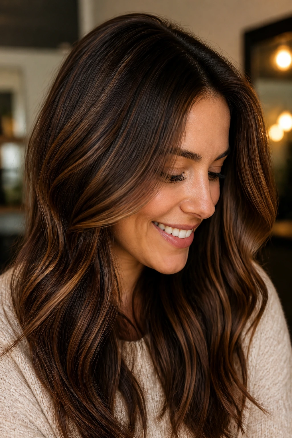 Close-up of coffee bean lowlights adding depth to hair