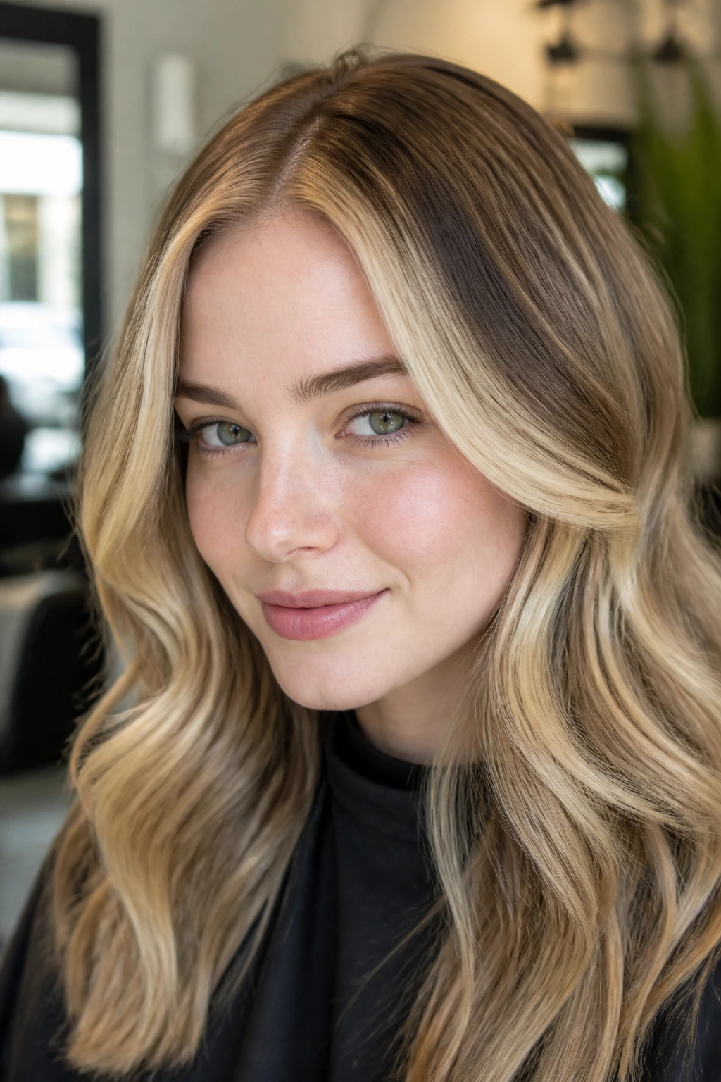 Close-up portrait of a real woman with a thin coffee bean skunk-line stripe along the front hairline.