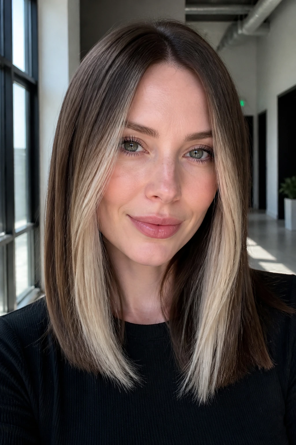 Close-up of coffee brown sleek midlength with ash blonde panels on a real woman