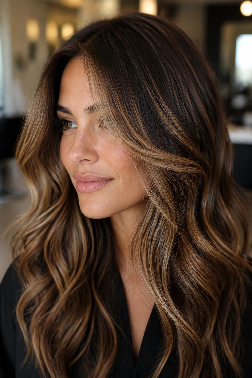 Close-up portrait of a real woman with coffee-based brunette hair and caramel ribbons in natural daylight
