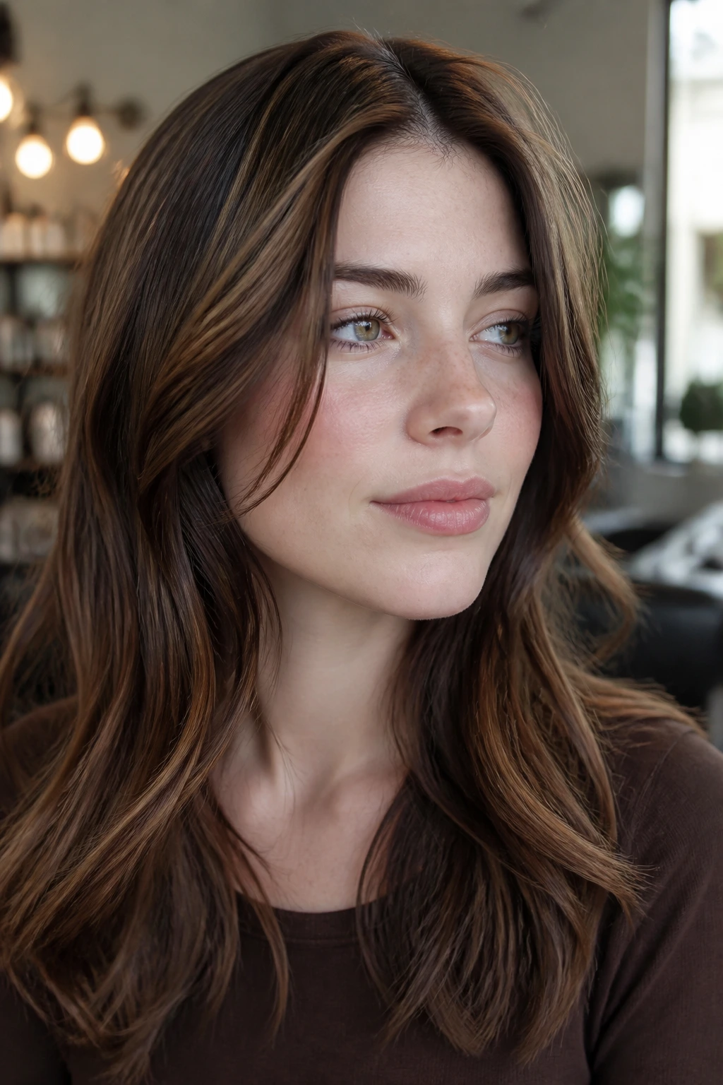 Close-up portrait showing coffee bean contour pieces framing the face on fair skin