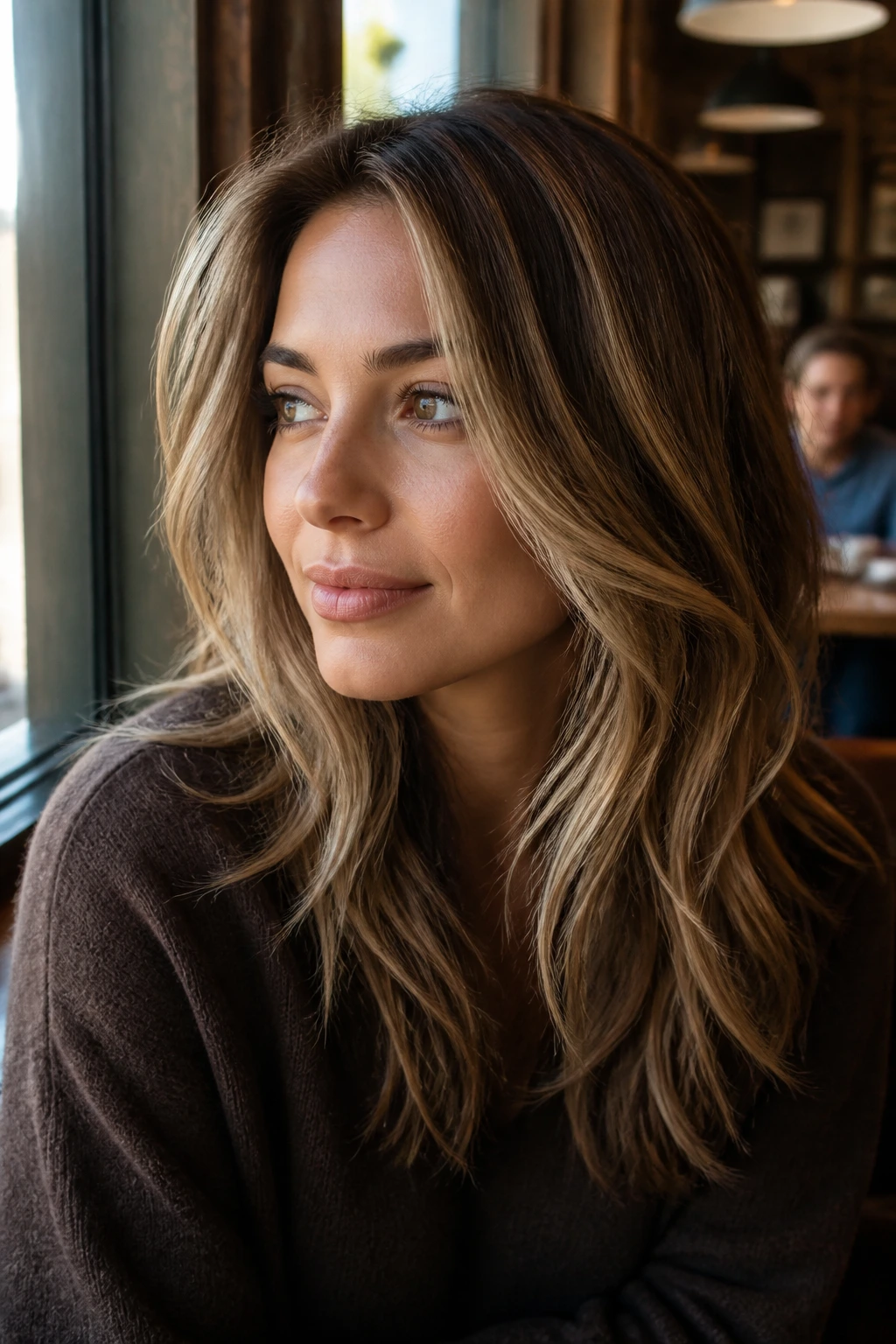 Close-up of brunette hair with blonde pieces and brown lowlights for coffee-and-cream contrast