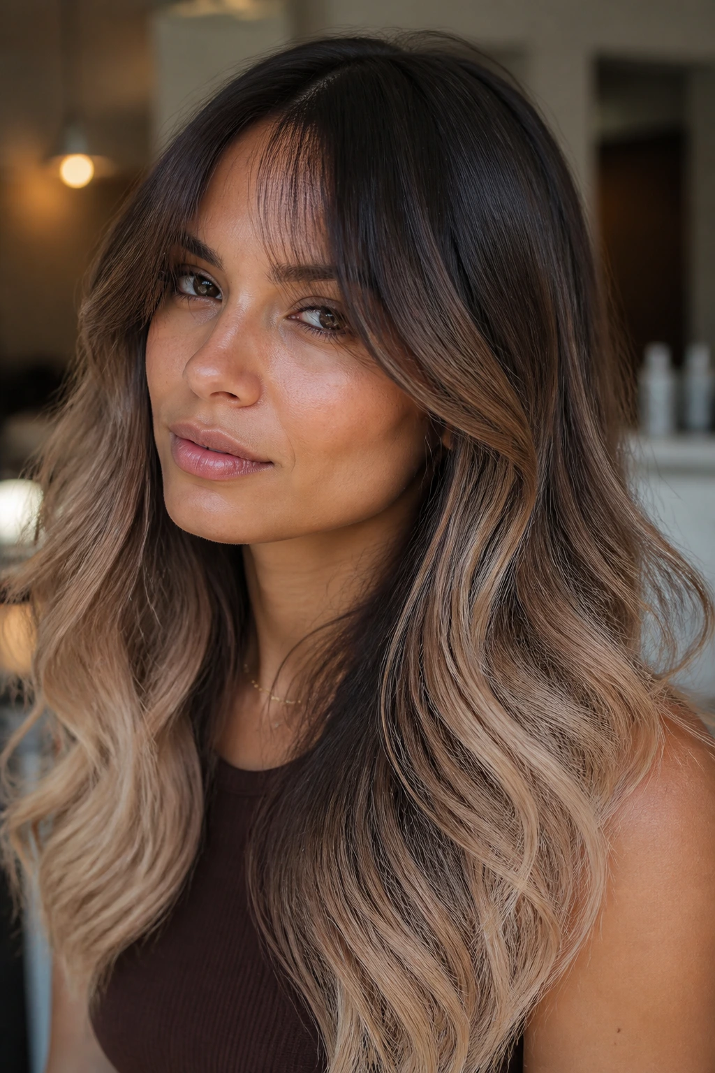 Close-up portrait of a real woman with coffee-to-cream ombre and curtain bangs.