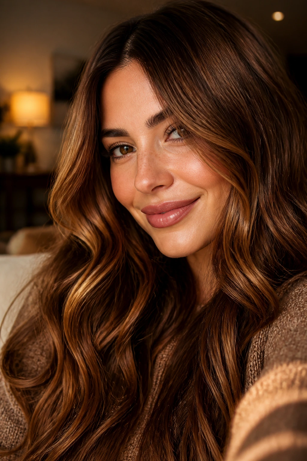 Close-up portrait of a real woman with cognac gloss brown hair in warm living room light