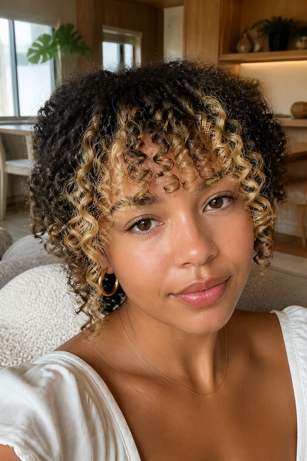 Close-up of tight coil bangs with a blonde money piece and dark root on a real woman, natural window light