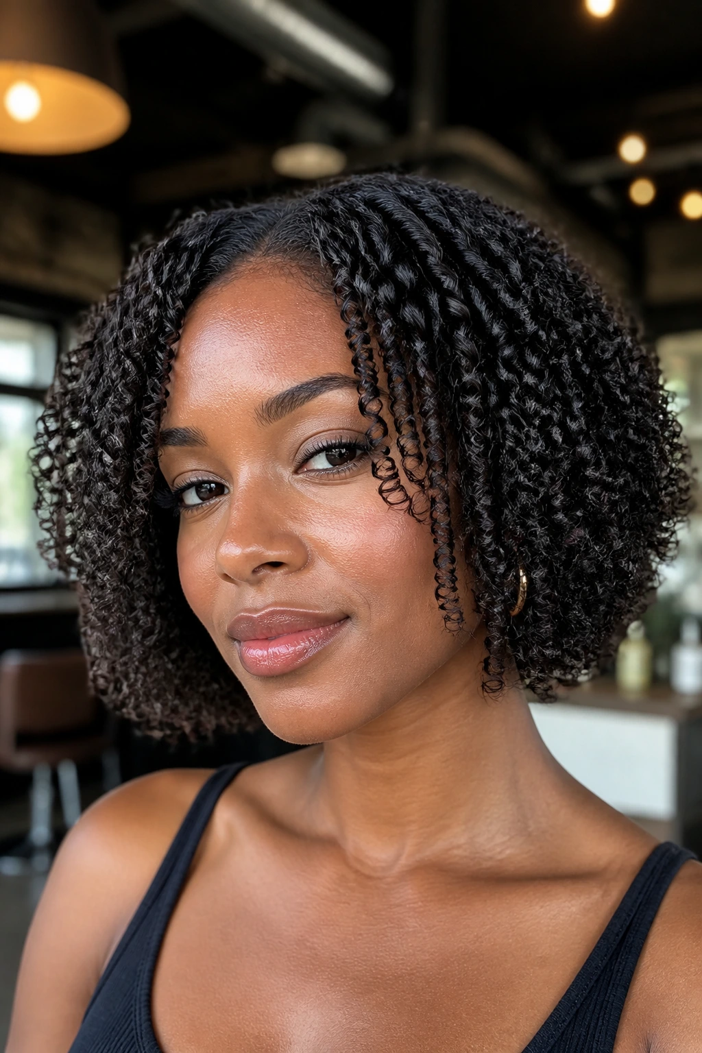 Close-up of a Black woman with a chin-length coil bob and defined coils framing the jaw