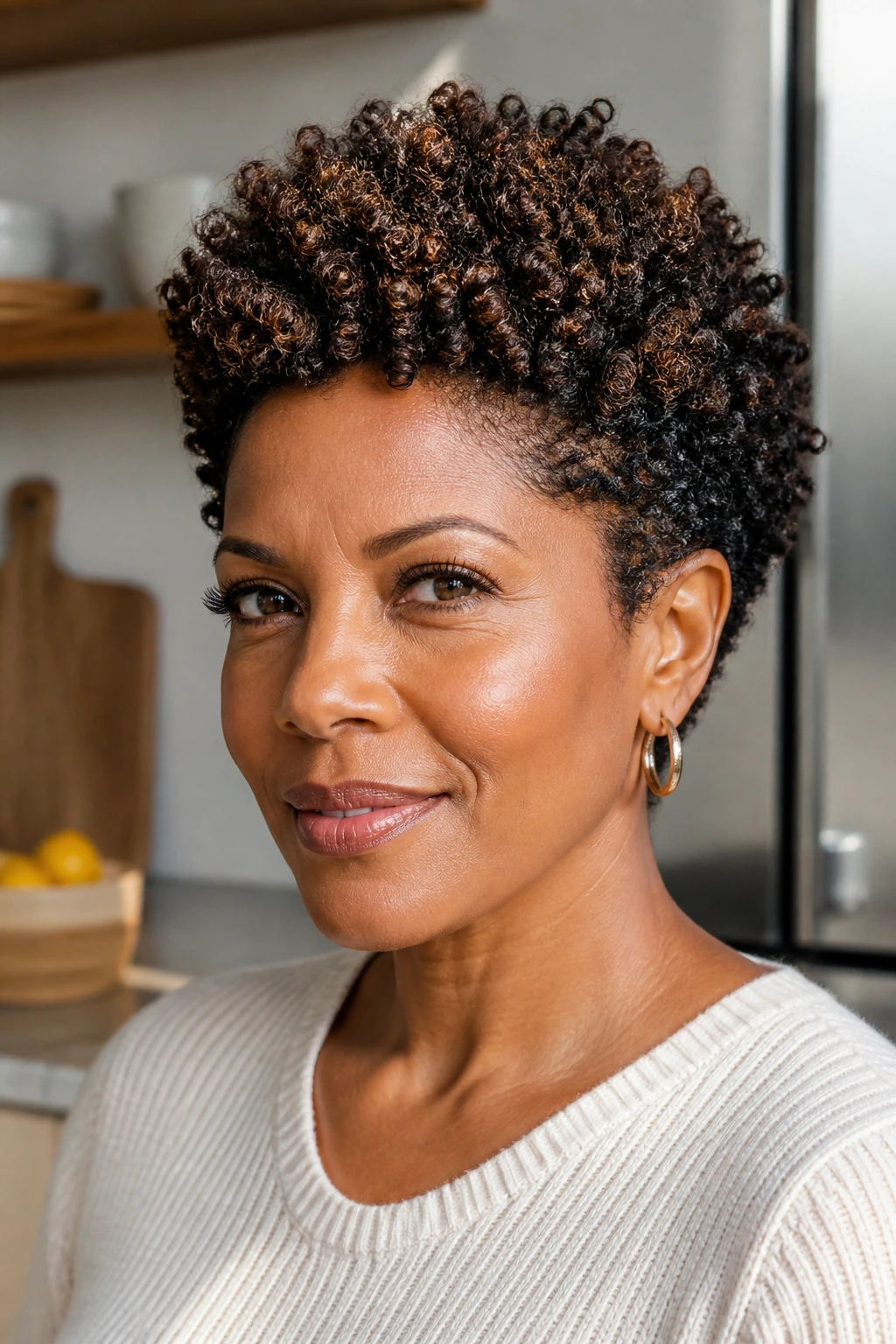 Close-up of real woman with tight coil crop and deep walnut lowlights.