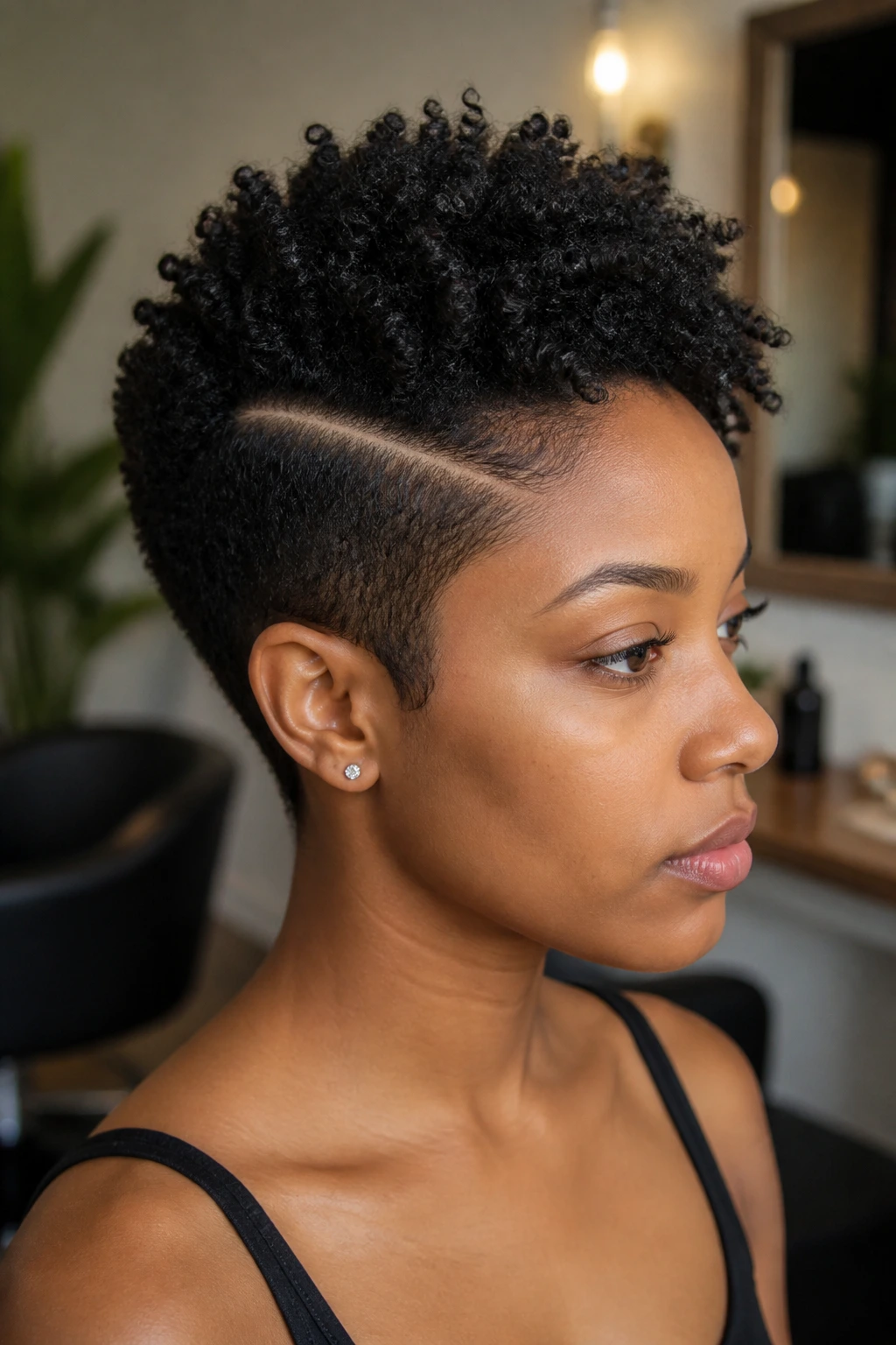 Close-up portrait of real person with side-parted coil mohawk and tapered sides