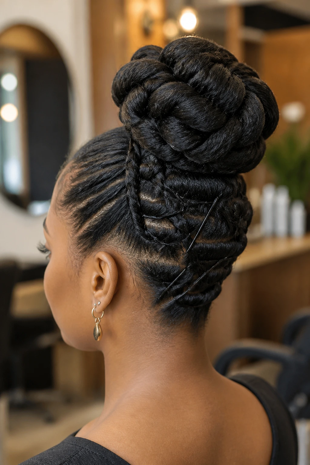 Close-up of a real woman with a coiled pin-set bun and crisscross pins