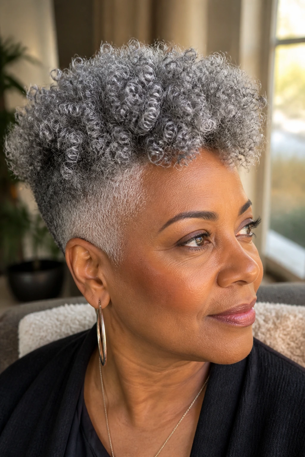 Close-up portrait of a real person with natural silver coil curls and tapered sides under warm window light
