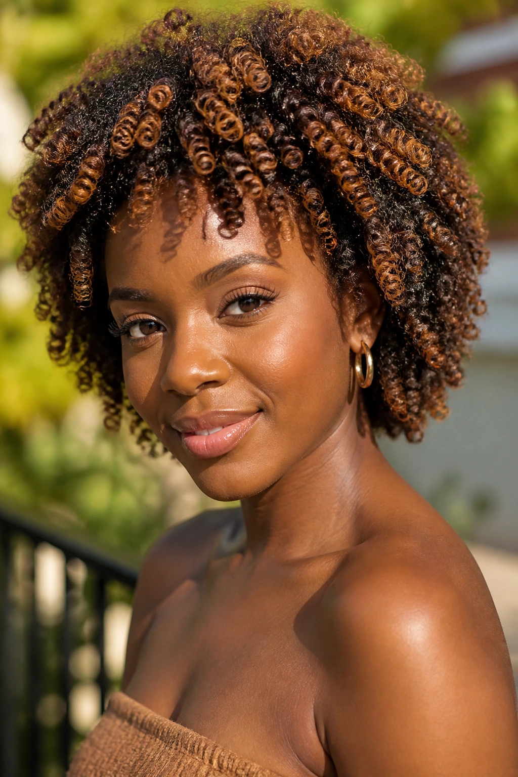 Close-up of a real woman with coils and toasted honey highlights in sunny outdoor light.