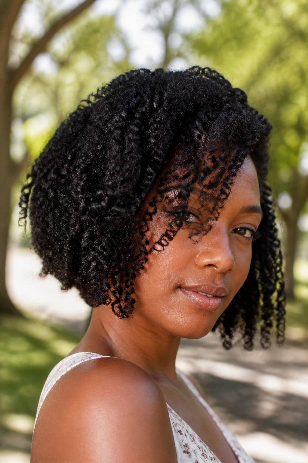 Close-up portrait of a real Black woman with a coily angled bob and thick coils