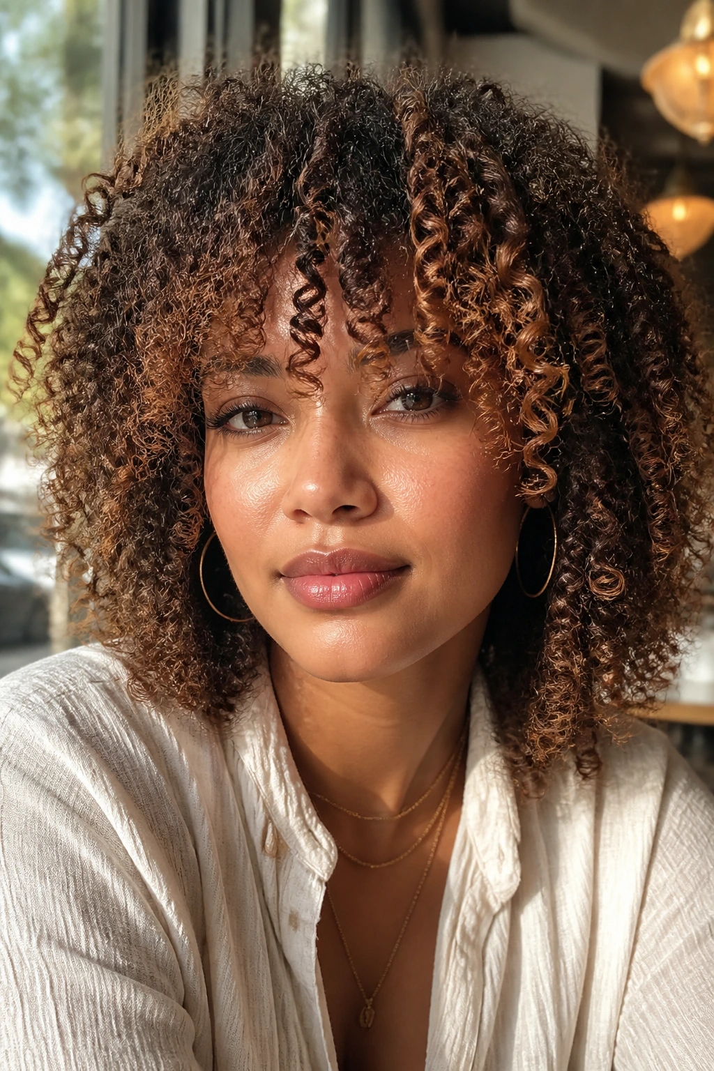 Close-up of a real woman with coily bangs and cinnamon highlights in daylight