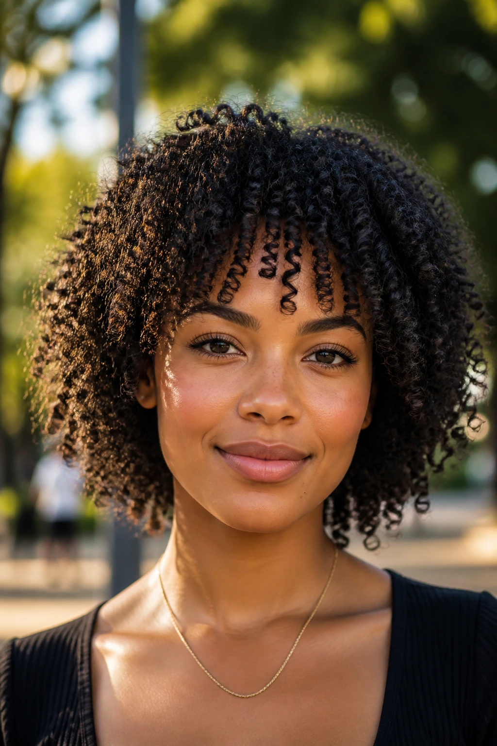 Close-up of a real woman with tapered coily bangs centered and coils visible