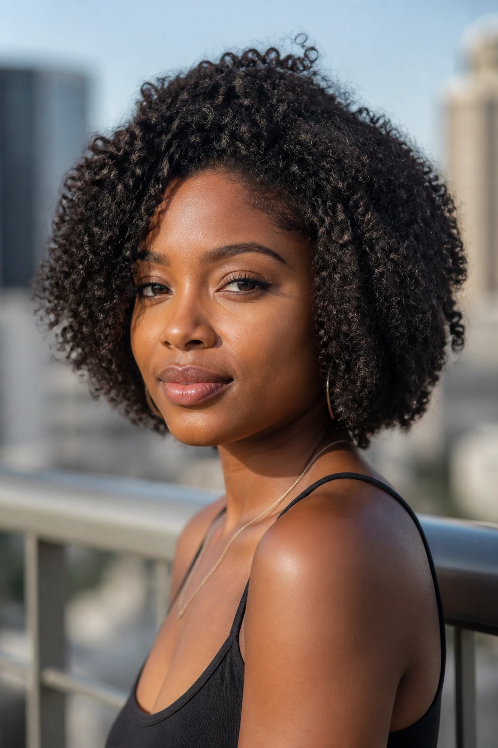 Close-up of woman with slim-perimeter coily bob on 4C hair