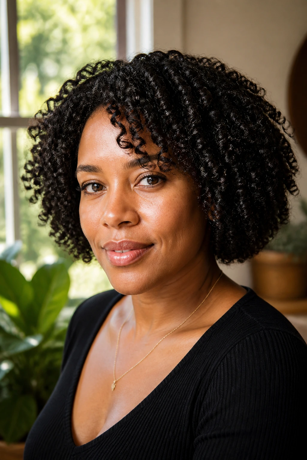 Real woman with natural coily bob in a sunlit setting