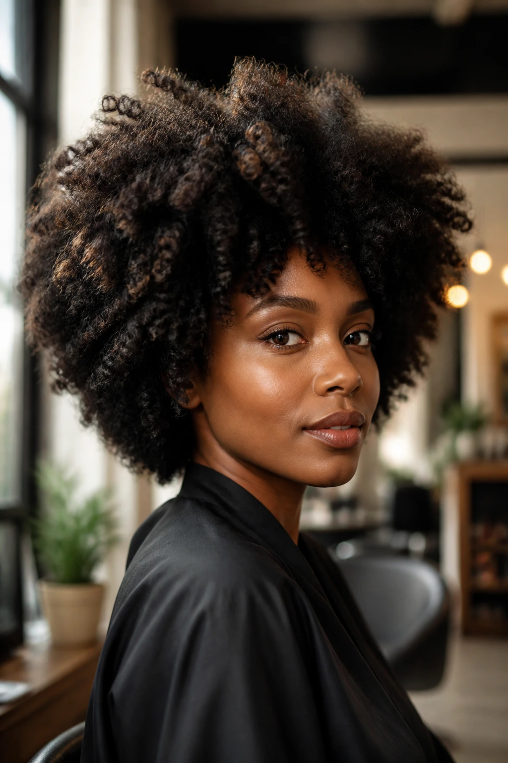 Close-up of a Black woman with natural curls in soft lighting