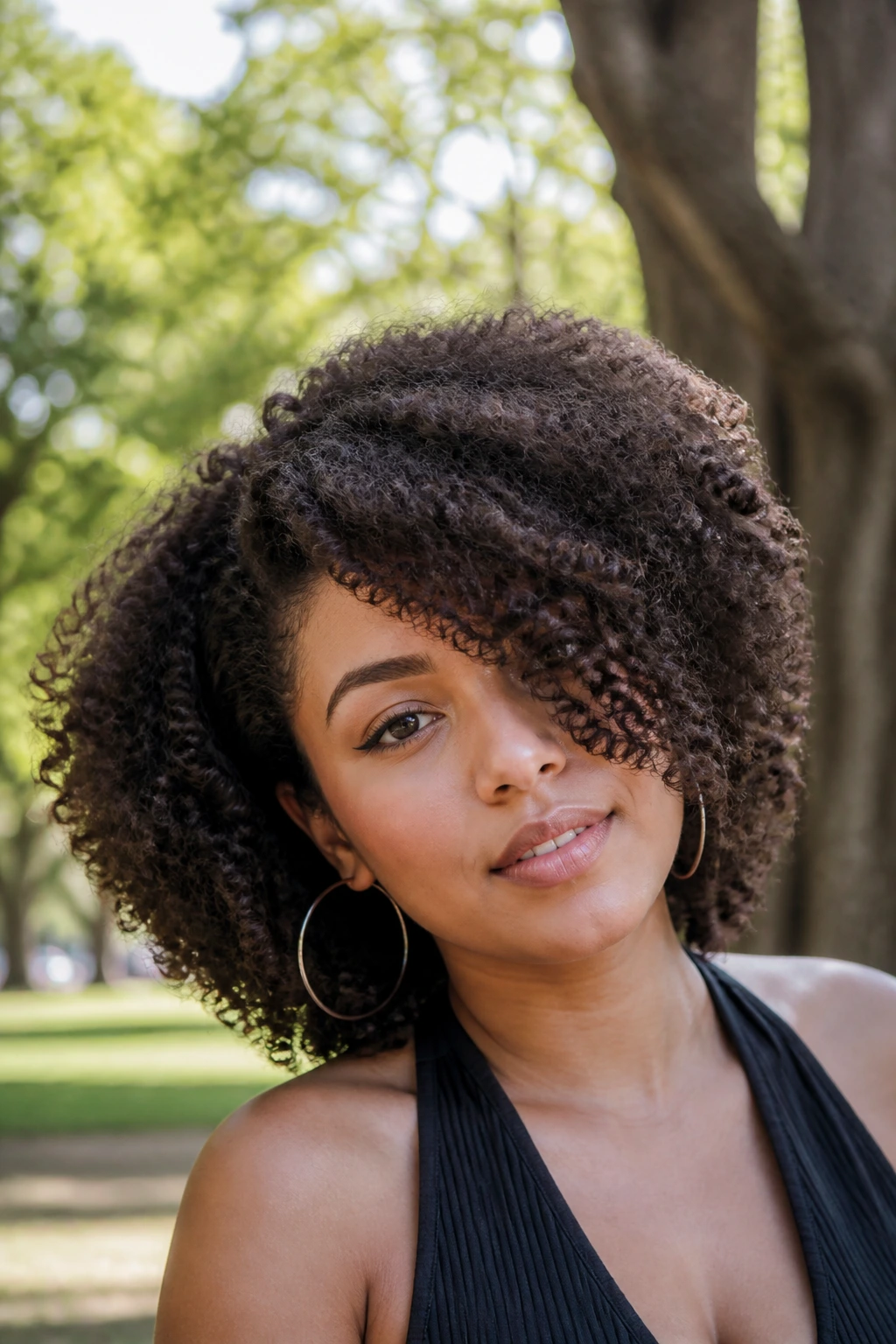 Close-up of a real person with a diagonal front curl in coily hair