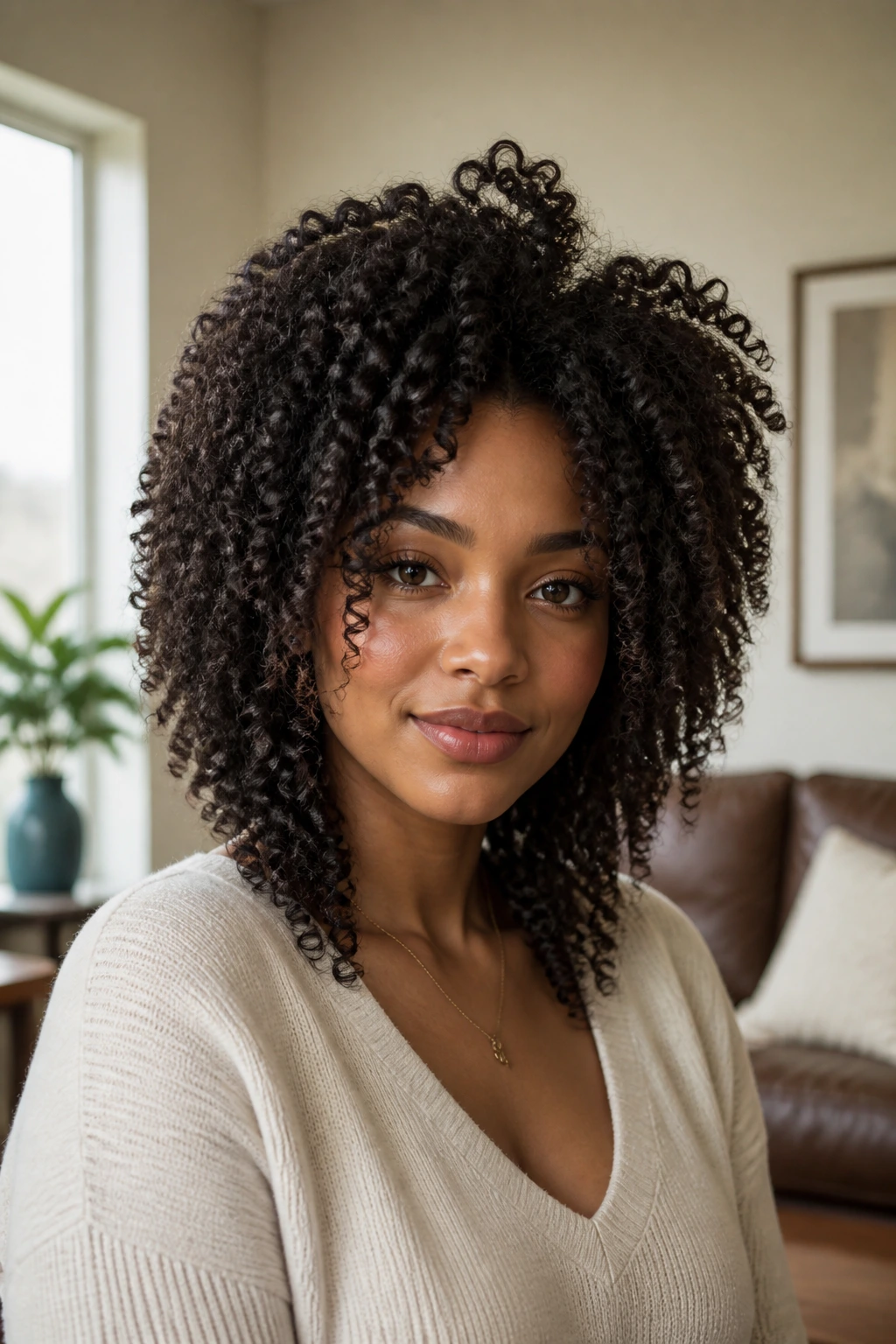Real person with coily hair tapered front pieces to create an oval silhouette