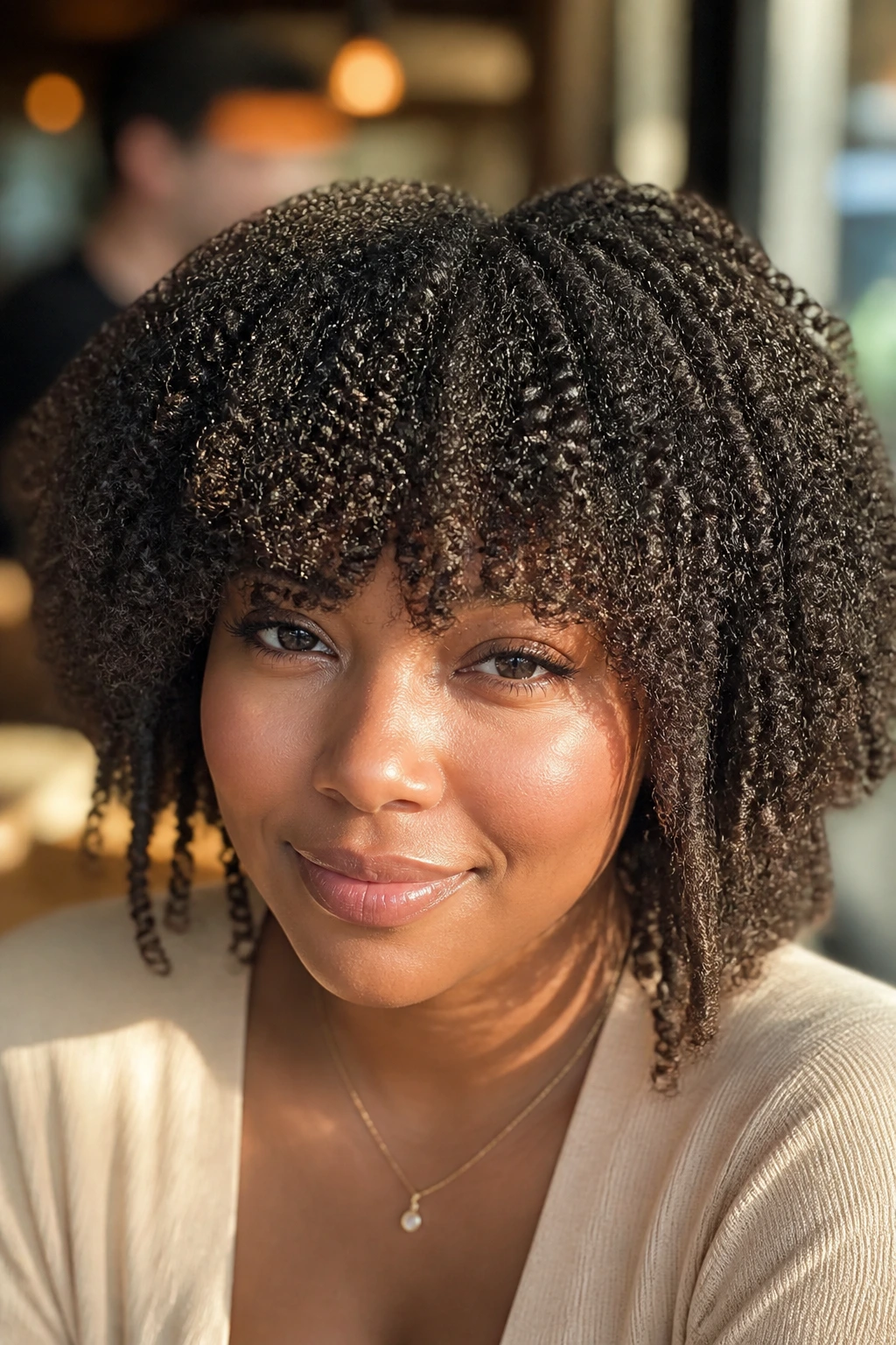 Close-up of a real person with coily fringe stretched along the forehead in cafe light