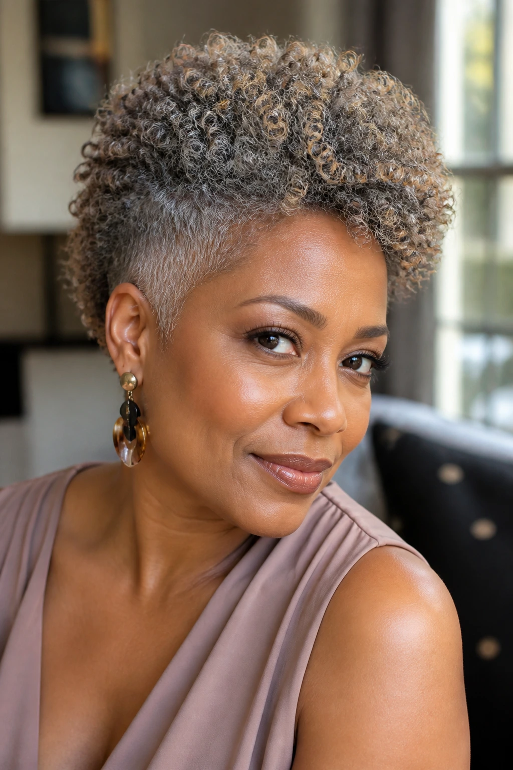 Close-up portrait of a real woman with a coily grey tapered cut showing smoky honey brightness