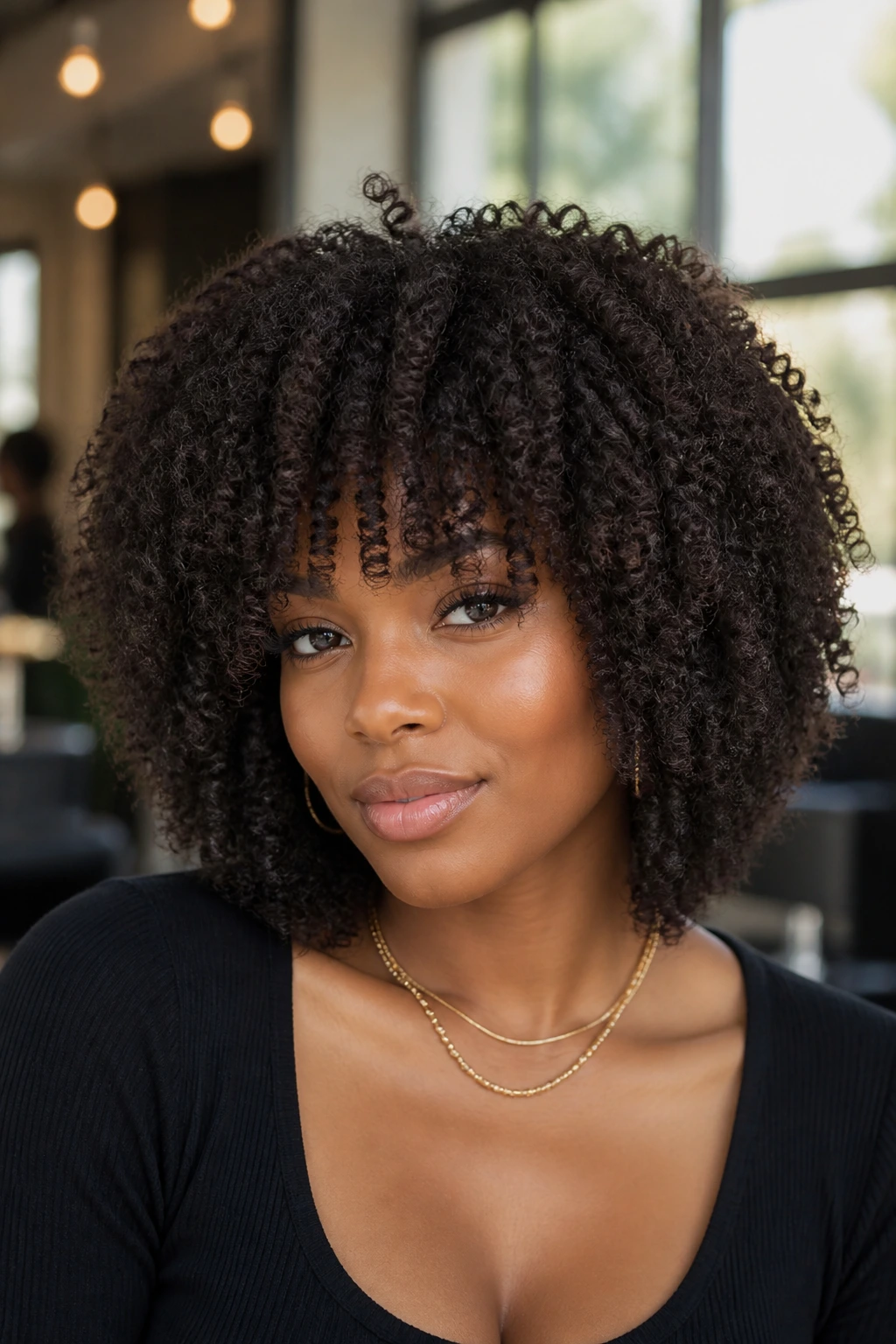 Close-up of a real woman with thick coily hair styled in angled layers with a sculpted fringe in a salon.