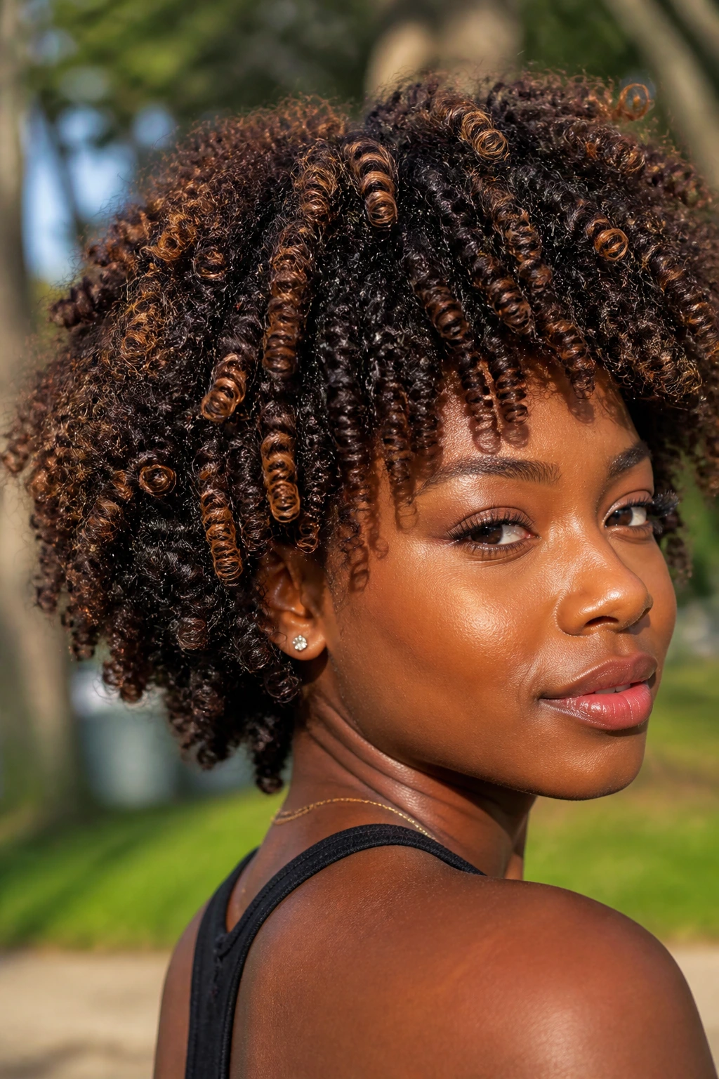 Close-up of coily hair with caramel highlights on the outer coils