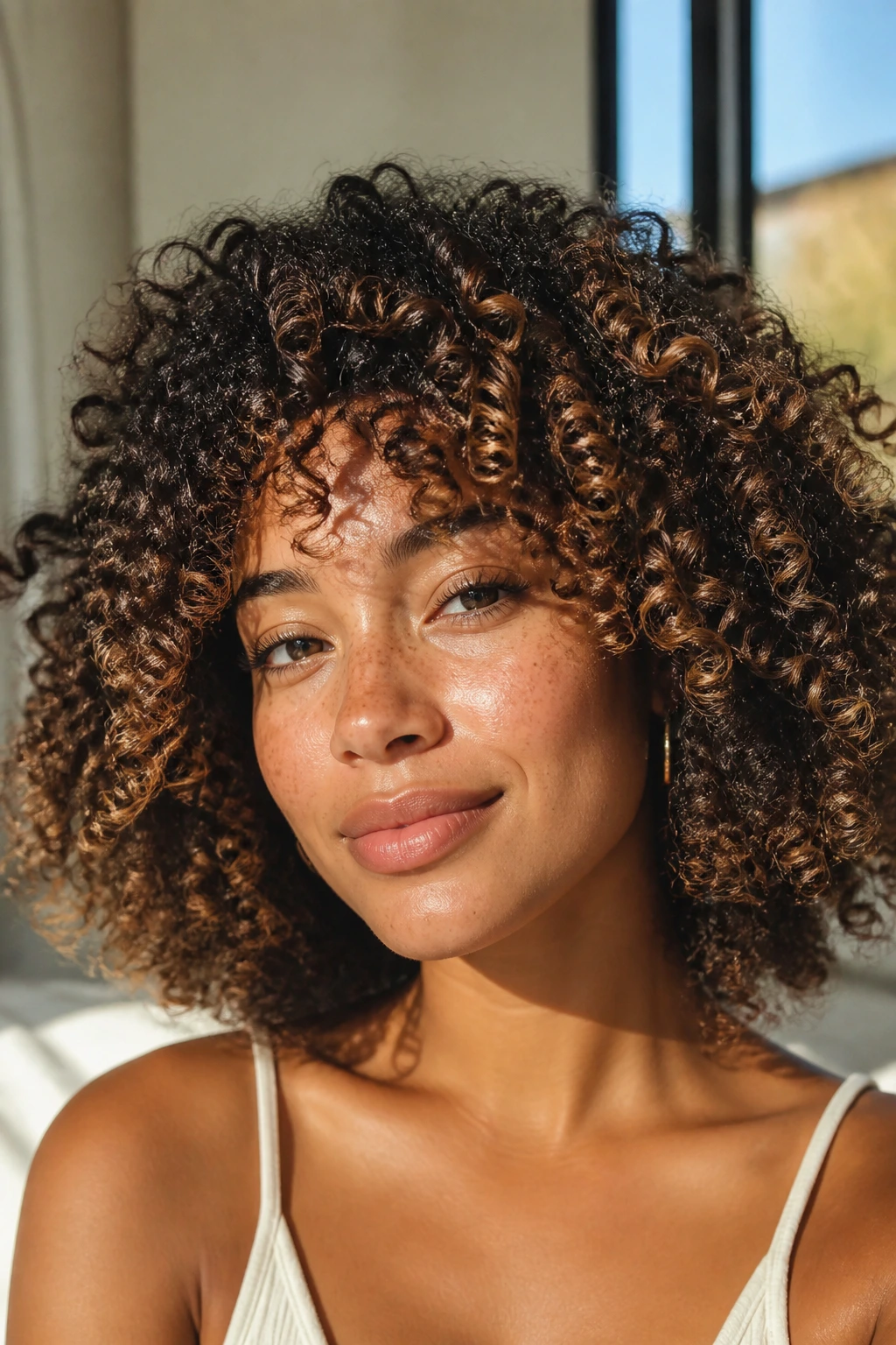 Close-up of a real person with sun-kissed caramel highlights on outer coils