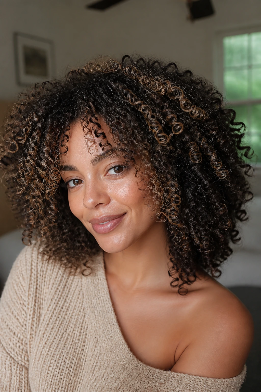 Close-up portrait of a real person with coily hair and face-framing layers