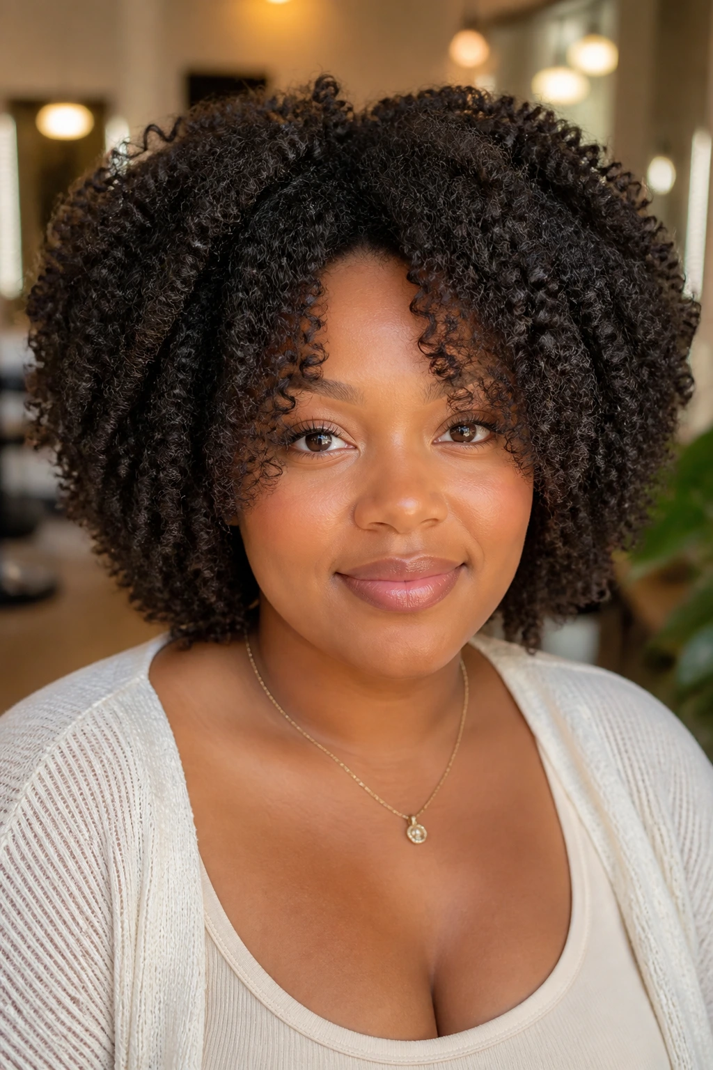 Close-up portrait of a real woman with a rounded coily haircut featuring halo layers and face-framing pieces