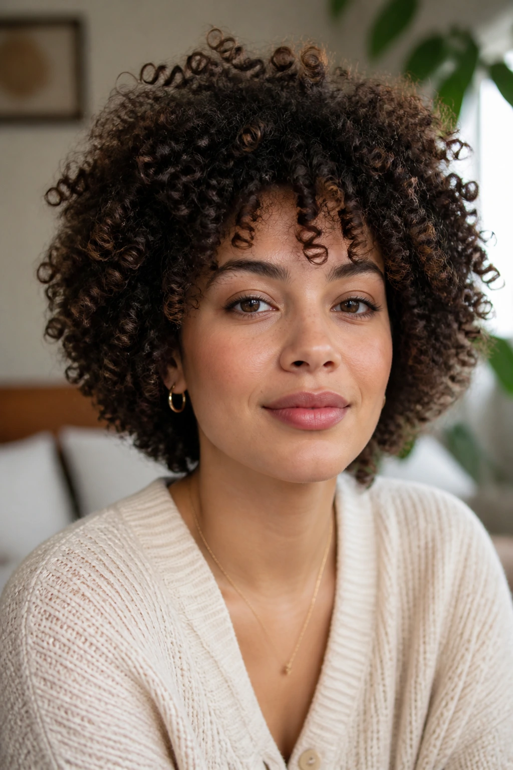 Close-up of a real person showing a round halo of curls with crown lift