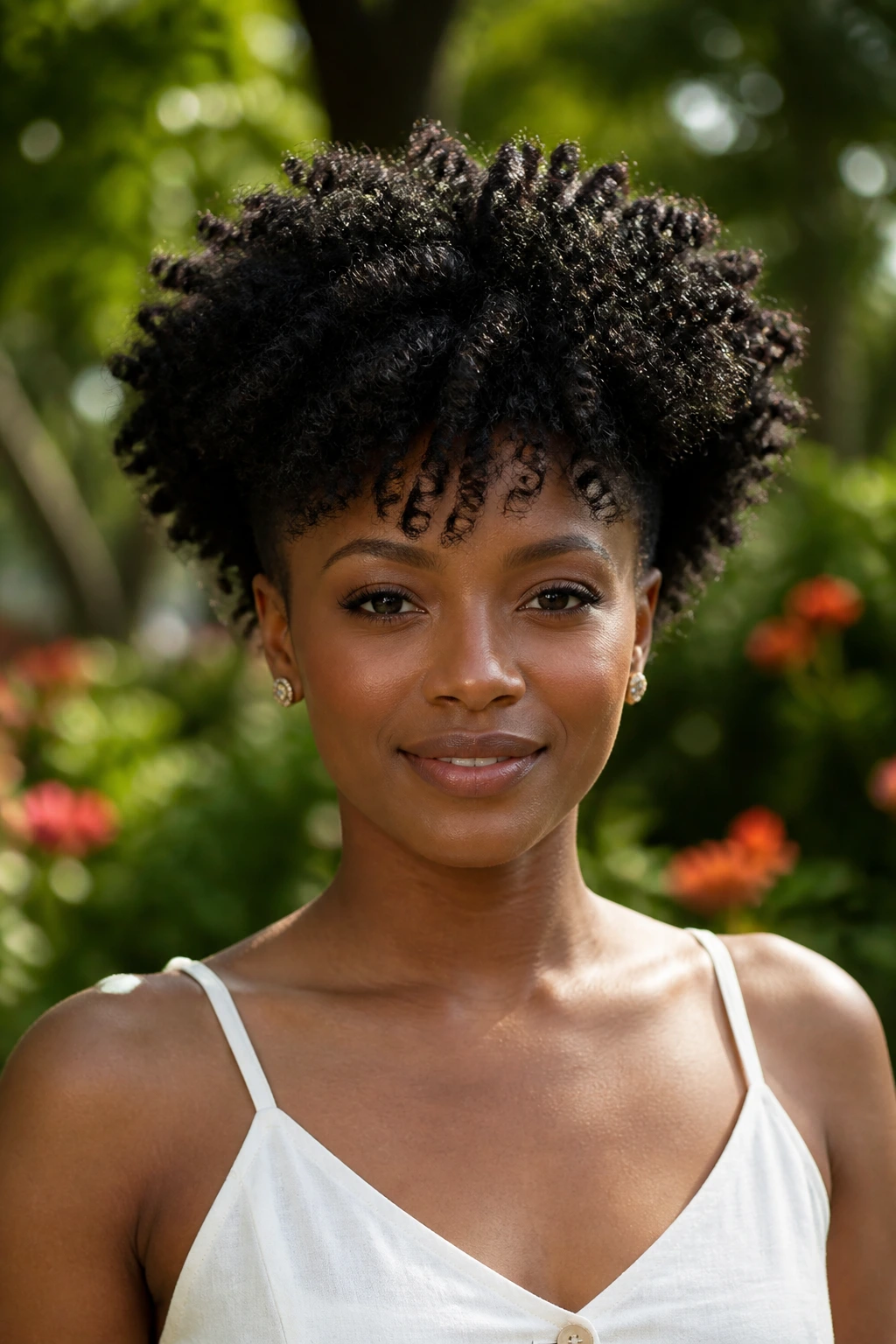Front portrait of a Black woman with a coily halo two-block