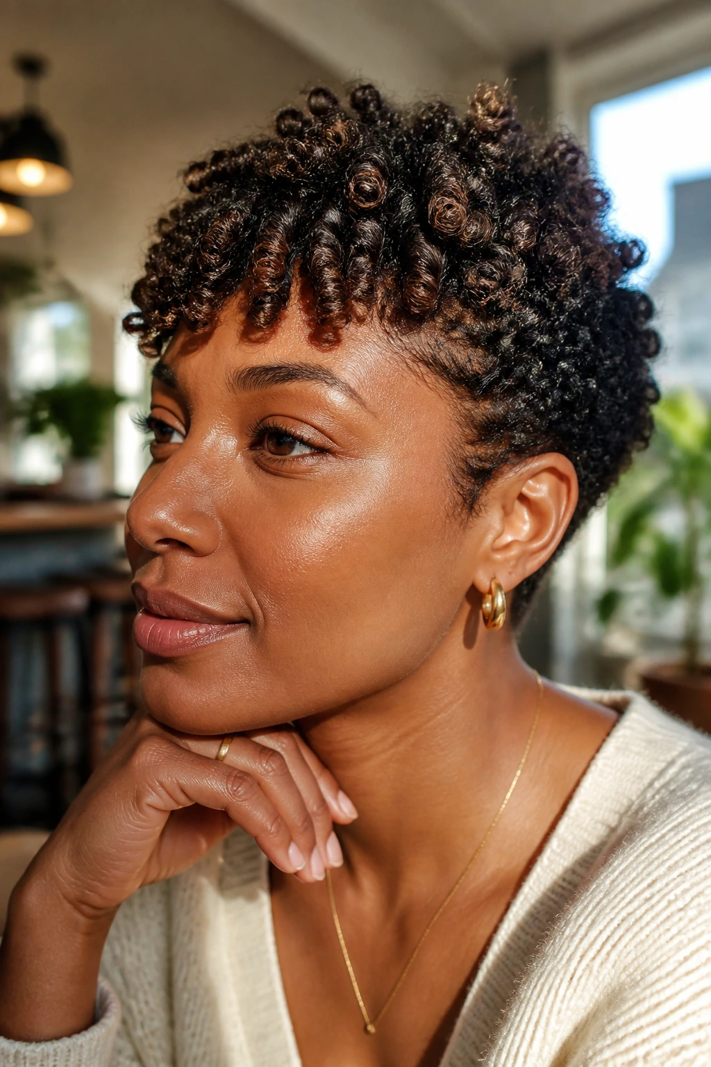 Close-up of coily mini-bang with mocha lowlights on a real person