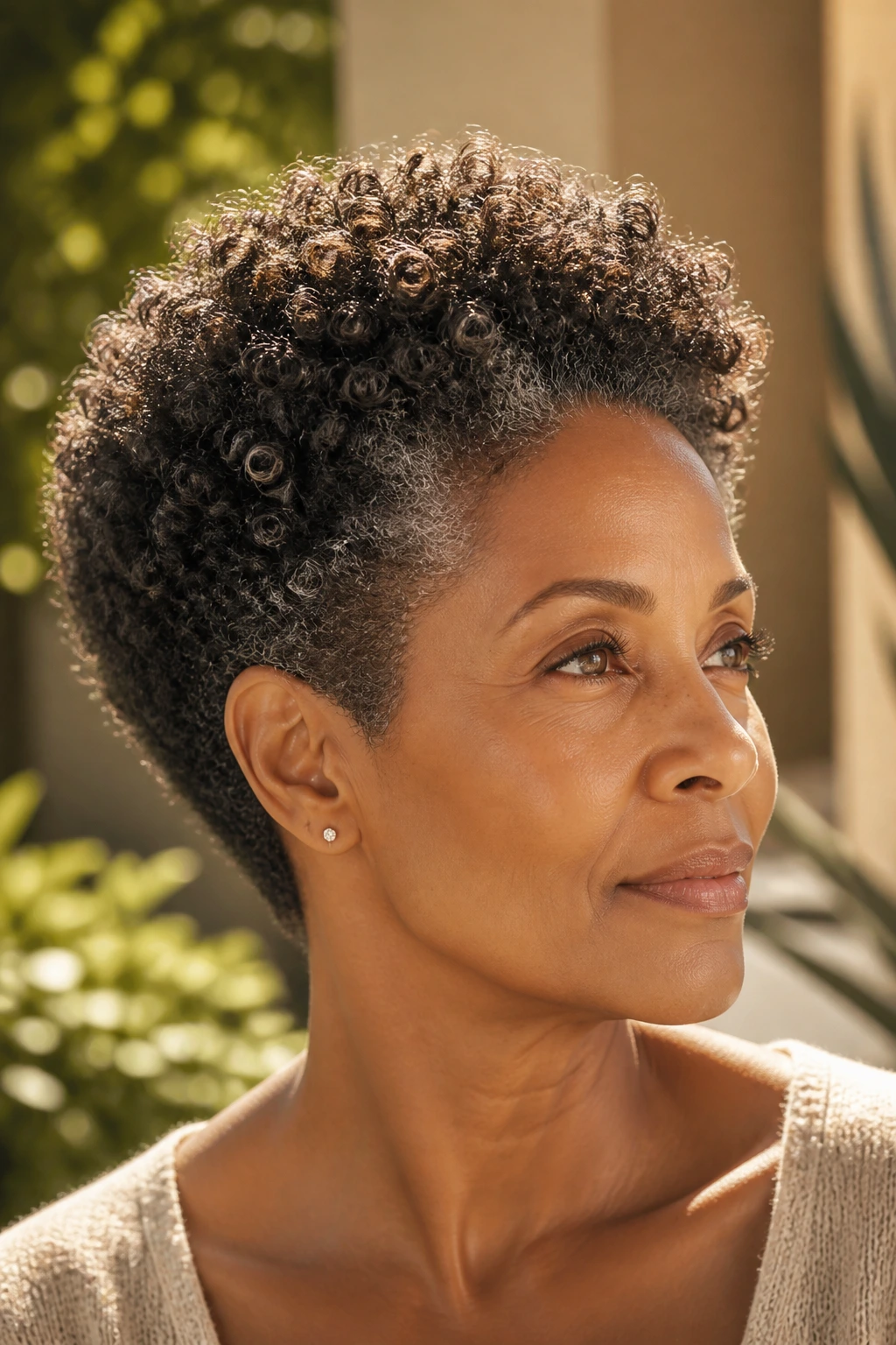 Close-up of a woman with rounded coil pixie and a close nape, warm sunset light