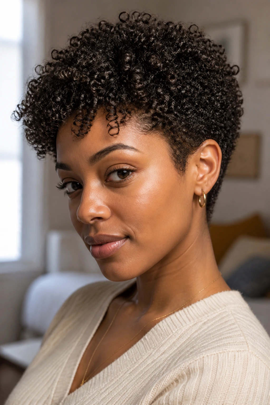 Close-up of a real woman with tight springy coily pixie curls, side-lit by warm window light.