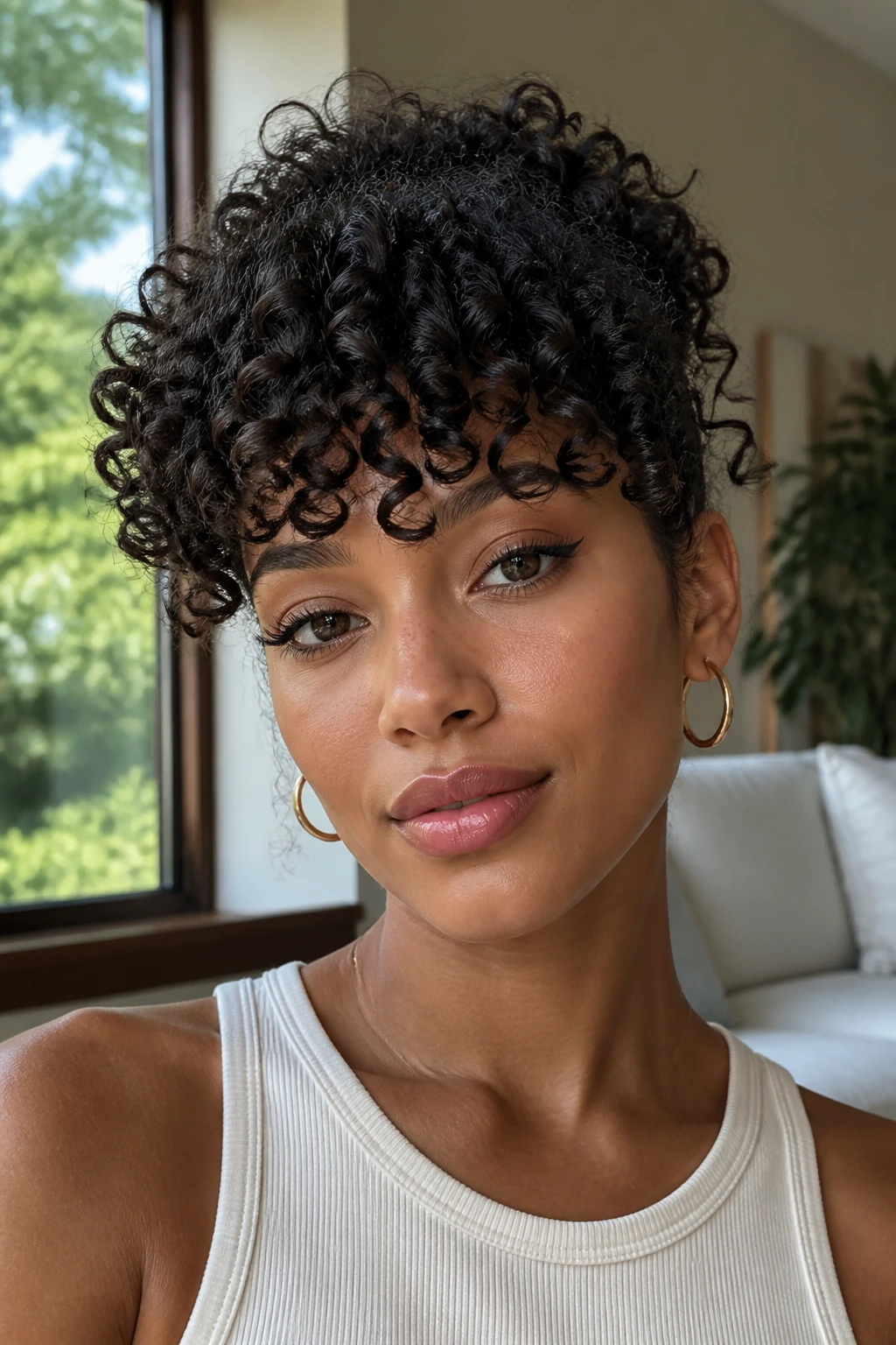 Close-up of a real person with tightly coiled bangs sculpted across the forehead