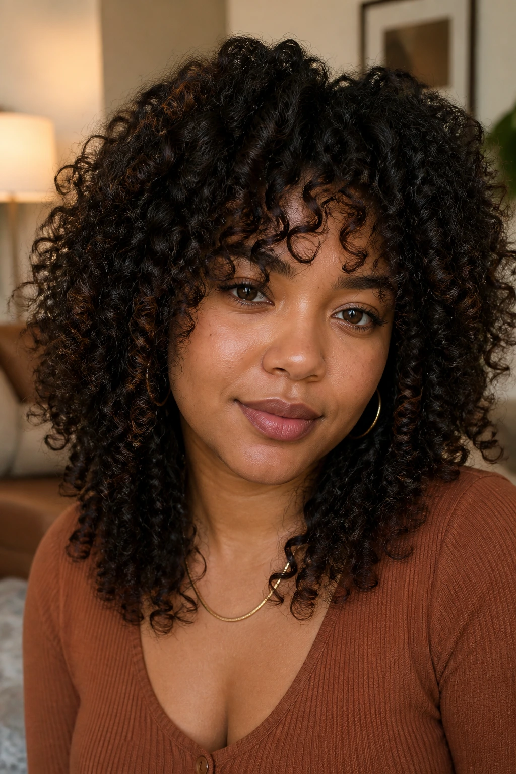 Close-up portrait of a woman with layered coily shag and curved fringe