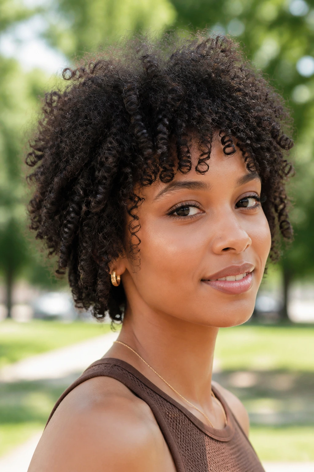 Portrait of a person with coily mini shag and halo layers under natural daylight