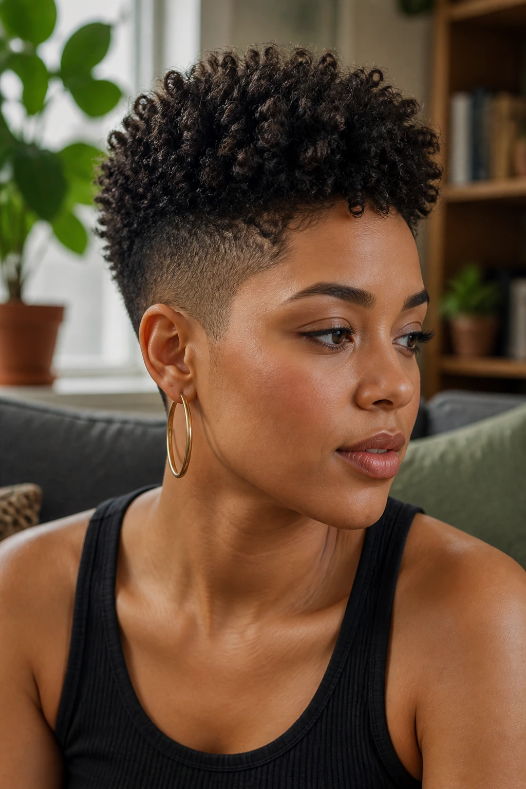 Portrait of a real person with sculpted coily taper hairstyle in natural daylight