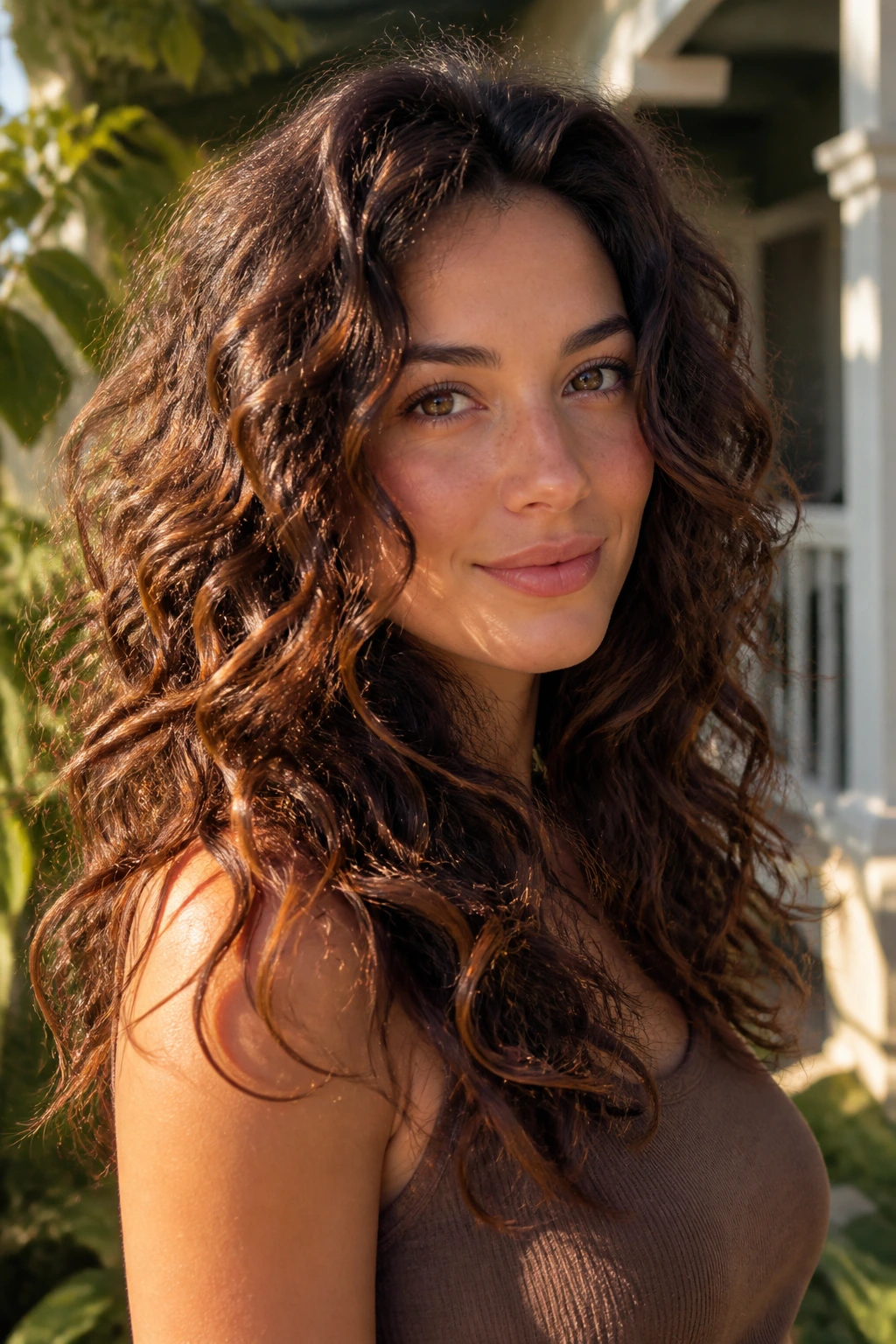 Close-up of a real woman with cola brown hair and copper flickers in sunlight