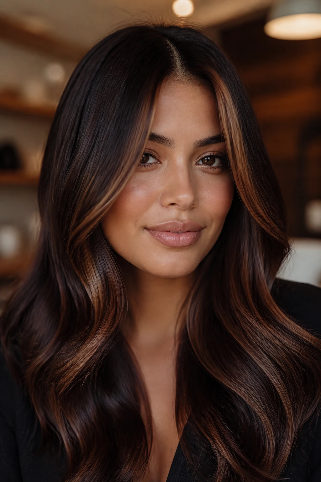 Close-up of cola-toned money pieces on face-framing hair