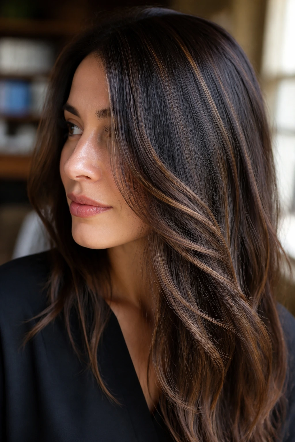 Real person with cold brew brunette and thin caramel threads in natural light