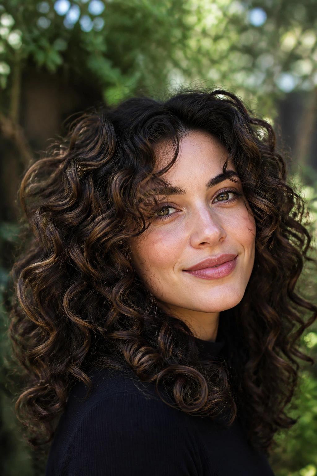 Portrait of a person with thick curly hair and cold brew lowlights