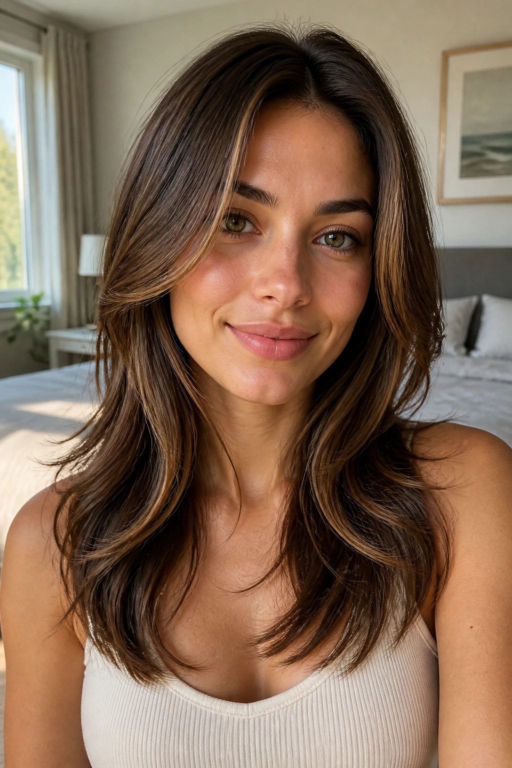 Close-up of a real woman showing collarbone anchor layers in long hair.